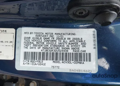 2002 Toyota Camry Le из США, поврежденный, VIN 4T1BE32K32U524938